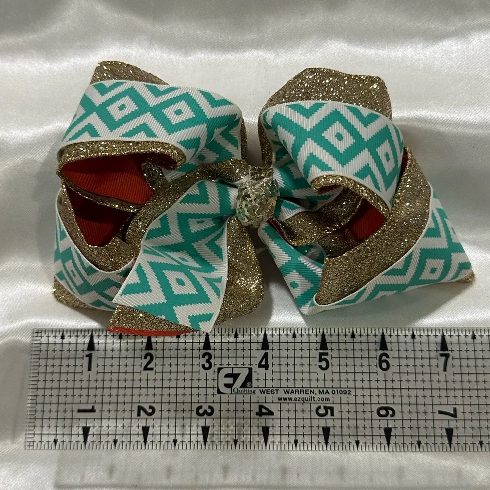 Kids Teal Geometric & Gold Glitter XL Hair Bow- bundle 2+ and save on shipping.